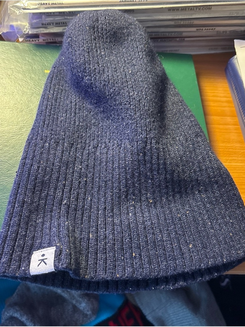 Bloomingdale’s designer beanie! Navy Ribbed Knit Beanie with Logo Tab